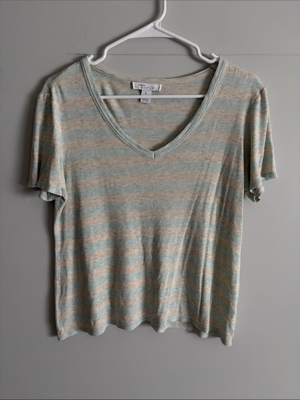 Signature by Nordstrom. Light Blue and grey Striped V-Neck Tee.med. Rayon.